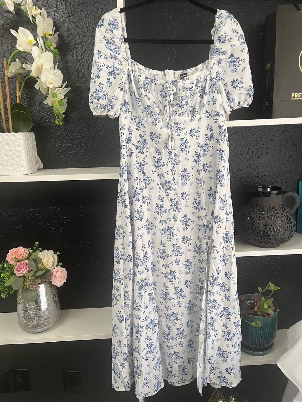 White Maxi Dress with Blue Floral Print